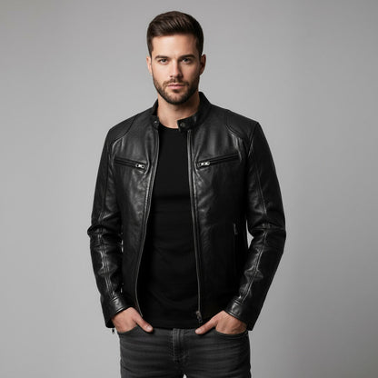 Stand with Men's Leather Jacket with Up Collar and Zip for Timeless, Stylish, and Comfortable