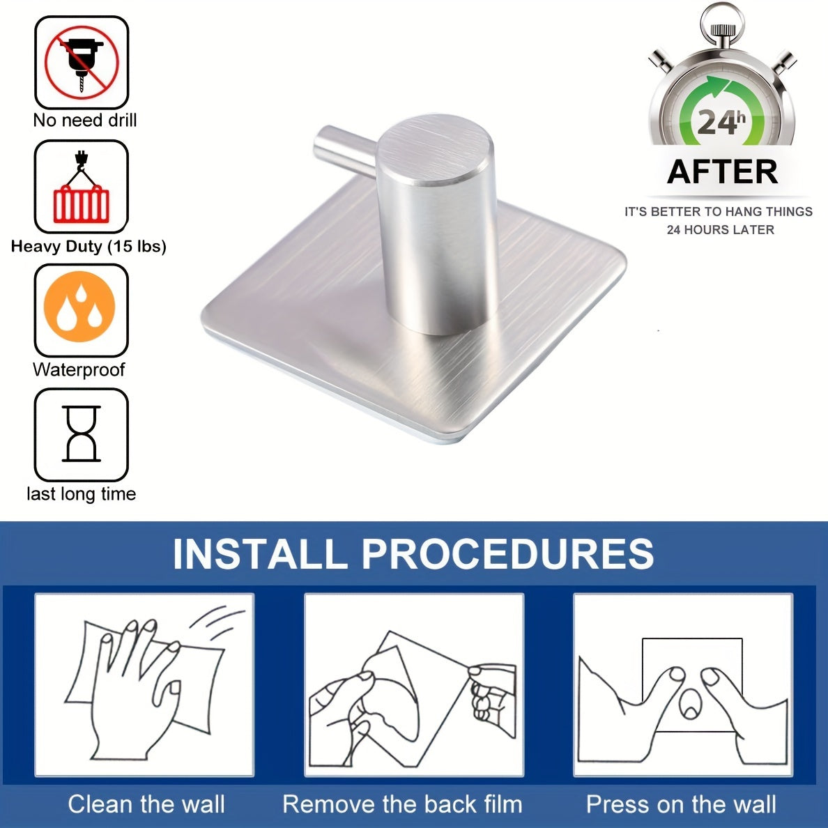 Hook with 4-Piece Self-Adhesive Stainless Steel Wall Set