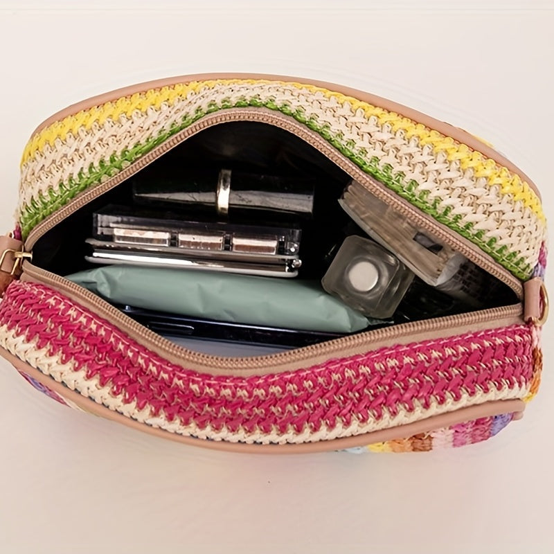 Bag with Shoulder Women Striped Woven Design with Zip Closure