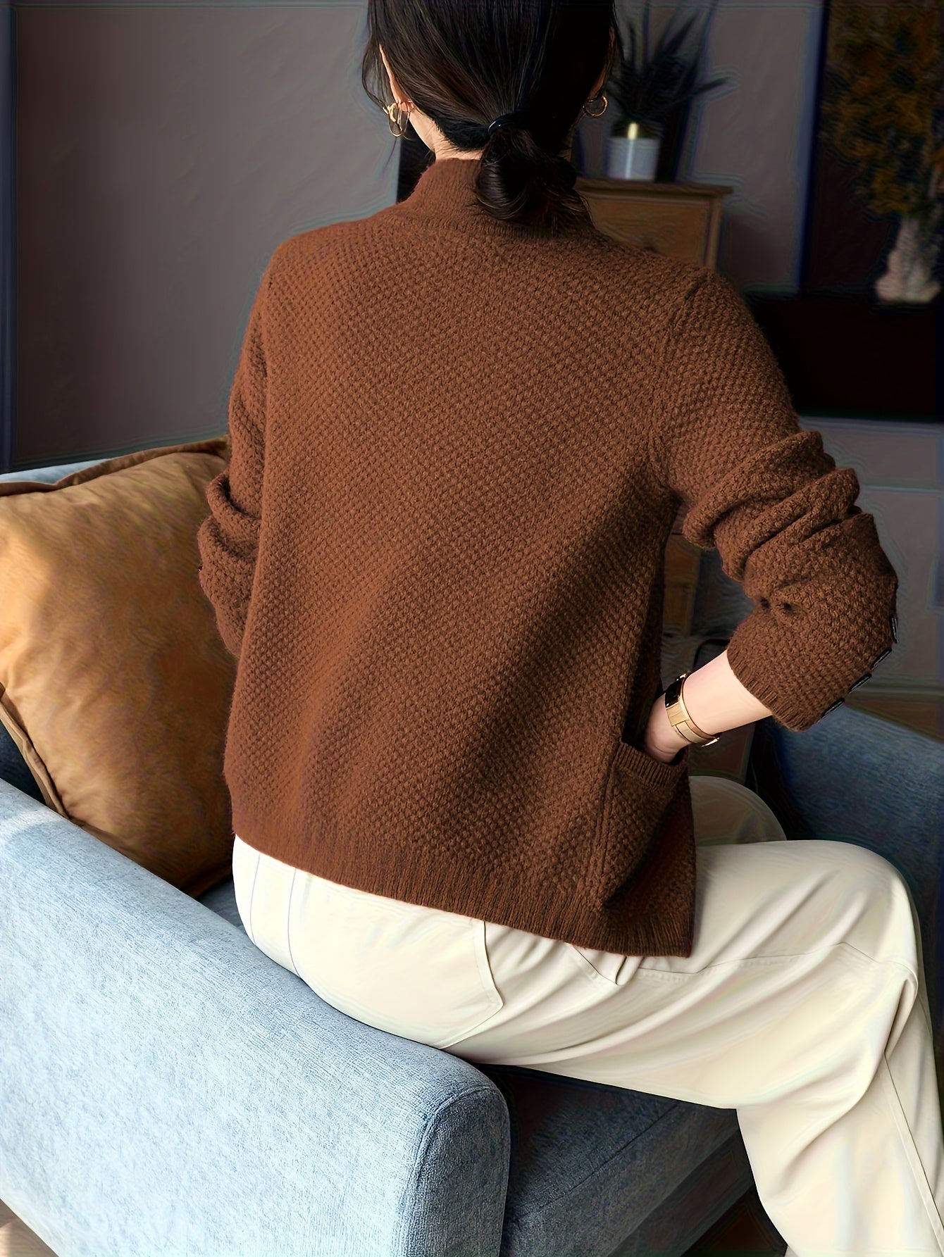 Ladies Knitted Sweater with High Neck for Comfortable and Timeless