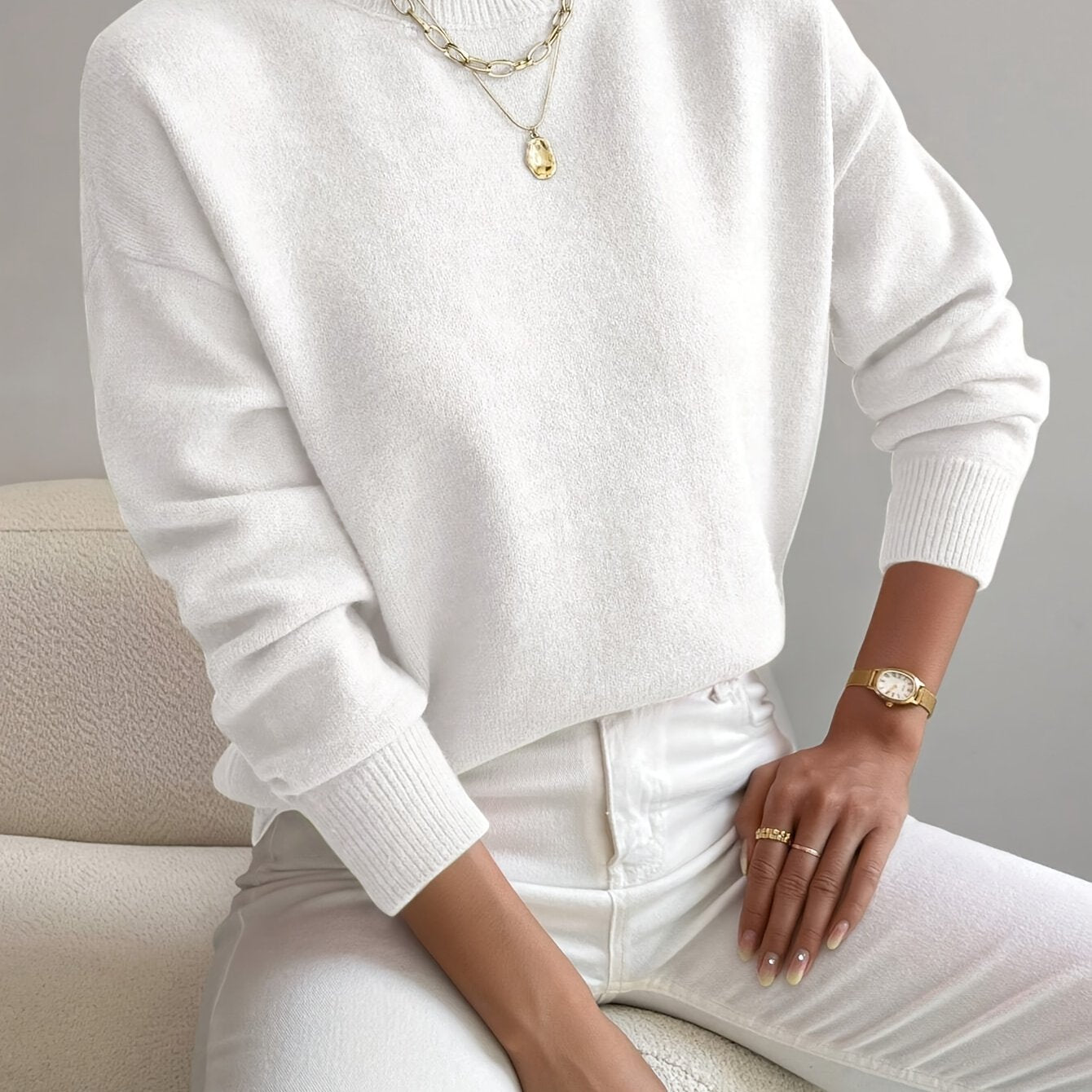 Ladies' Knitted Jumper with a High Neck and Long Sleeves for Autumn Winter