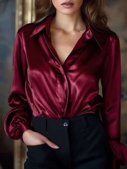 Satin Ladies' Blouse with Long Sleeves and Notched Collar for Elegant and Comfortable