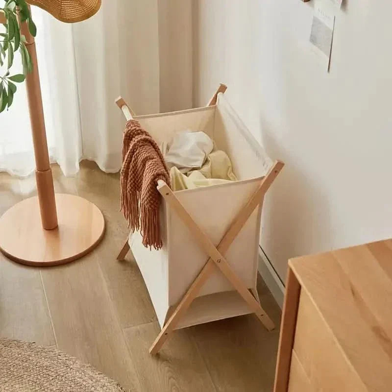 Basket with Foldable Wooden Laundry Fabric Bag for Stylish Laundry Storage