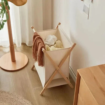 Basket with Foldable Wooden Laundry Fabric Bag for Stylish Laundry Storage