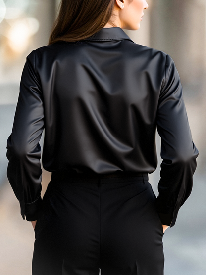 Satin Ladies' Blouse with Long Sleeves and Notched Collar for Elegant and Comfortable