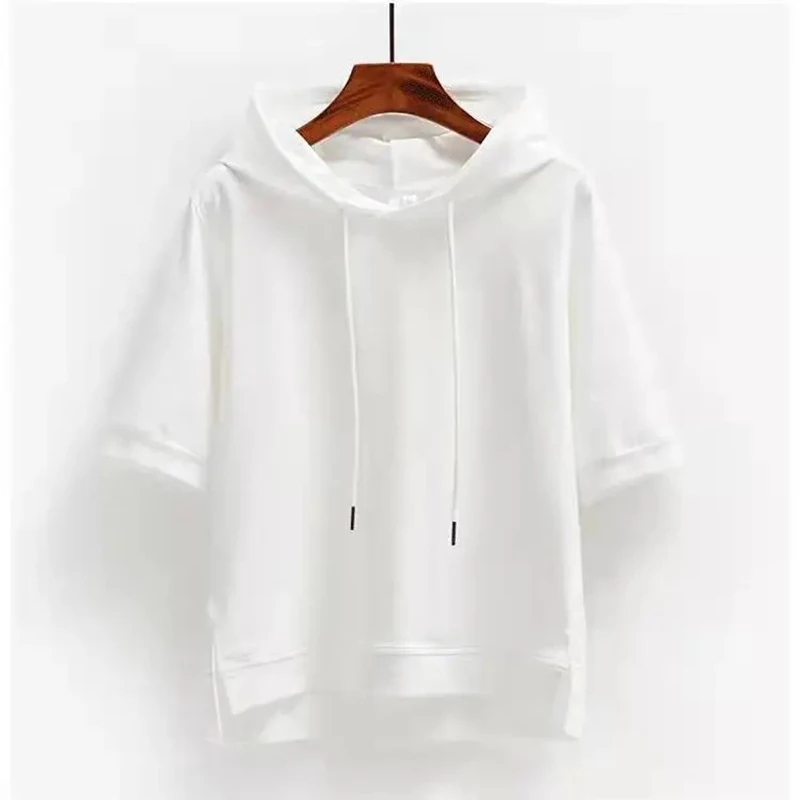 Ladies' Short-Sleeve Hoodie Made from Breathable Cotton Blend with a Boxy Fit