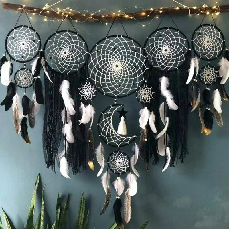 Bohemian Dreamcatcher Wall Decor with Moon Motif and Feathers for Atmospheric Interior Styling
