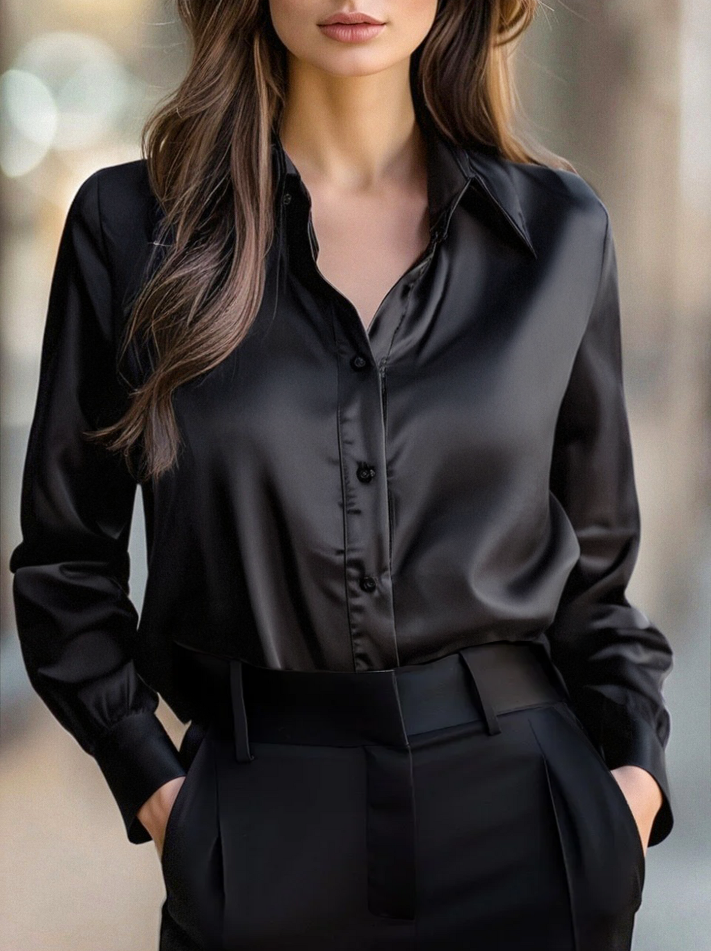 Satin Ladies' Blouse with Long Sleeves and Notched Collar for Elegant and Comfortable