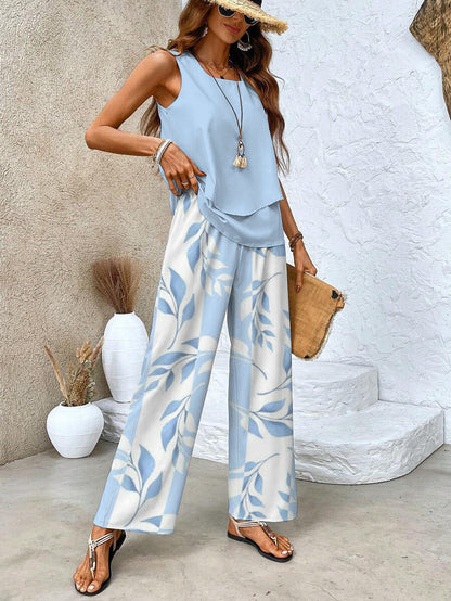 Set with Ladies' Summer Sleeveless Top and Wide Trousers with Leaf Pattern