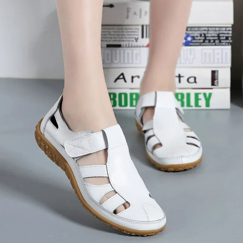 Leather Sandals for Women with Velcro and Comfort Sole