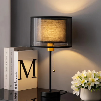 Table Lamp with Vintage Double Fabric Shade for Warm Ambient Light LED