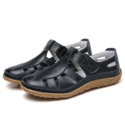 Leather Sandals for Women with Velcro and Comfort Sole