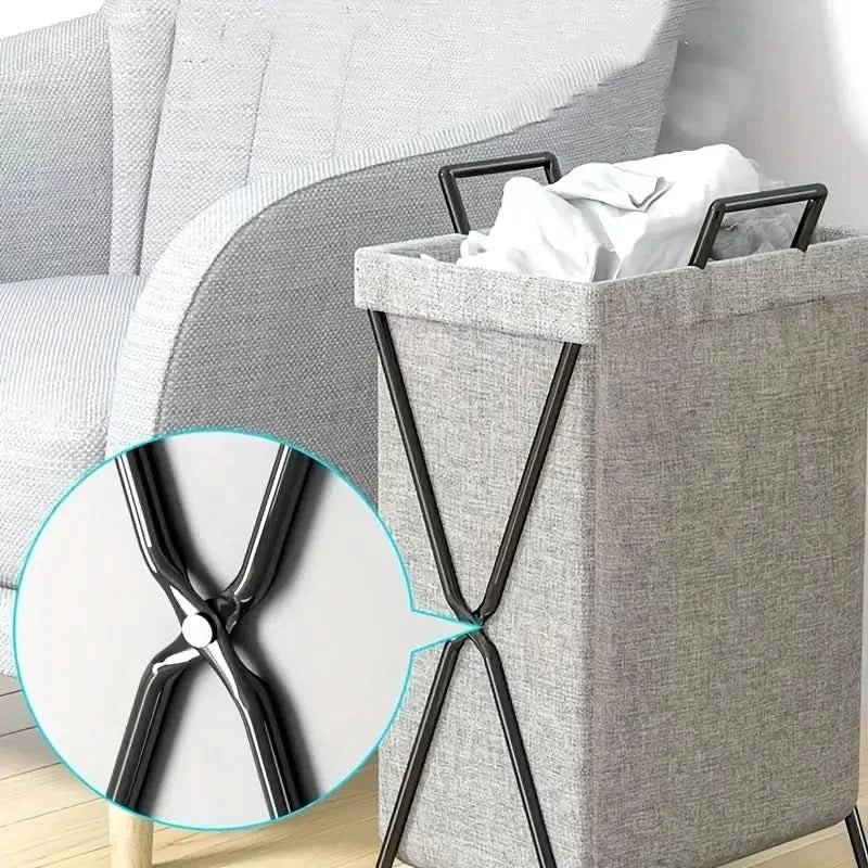 Basket with Foldable Laundry Metal Frame and Woven Fabric Storage Bag