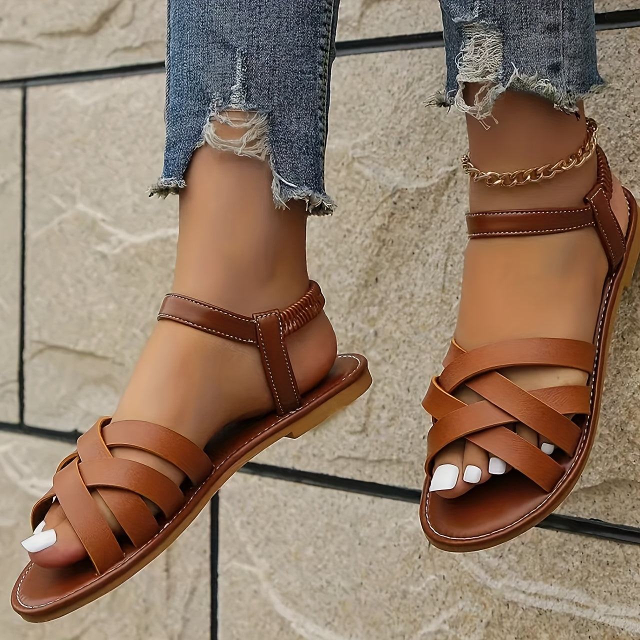 Sandals with Elegant Ladies' Crossed Straps and Comfortable Flat Sole