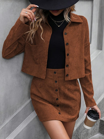 Set with Elegant Corduroy Women's Jacket and Skirt for Stylish for Spring & Autumn
