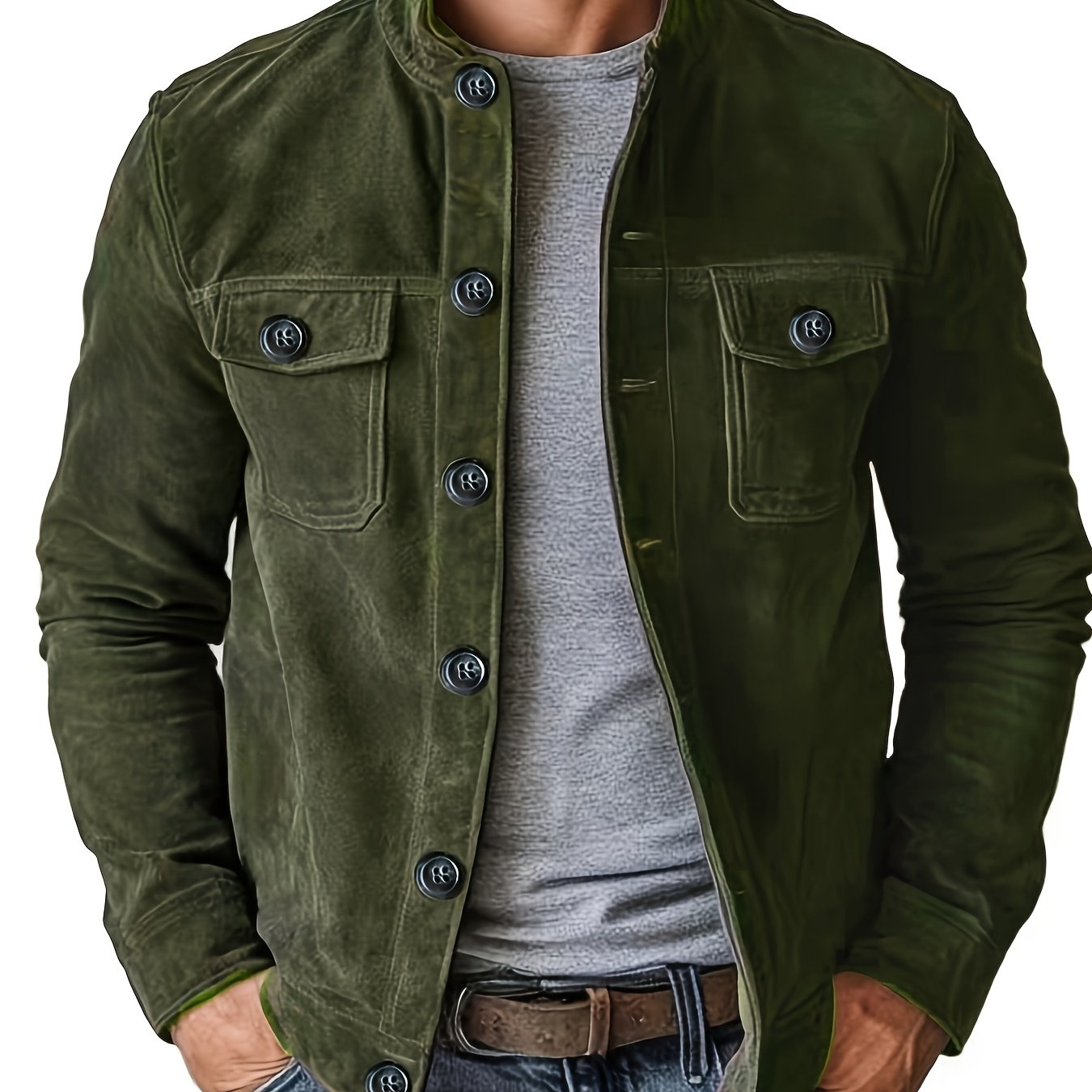 Stand with Men's Casual Jacket with Buttons and Up Collar for Vintage Work Jacket