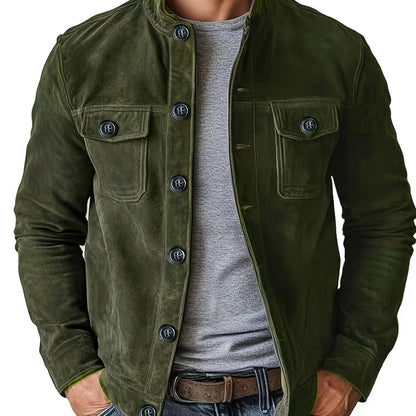 Stand with Men's Casual Jacket with Buttons and Up Collar for Vintage Work Jacket