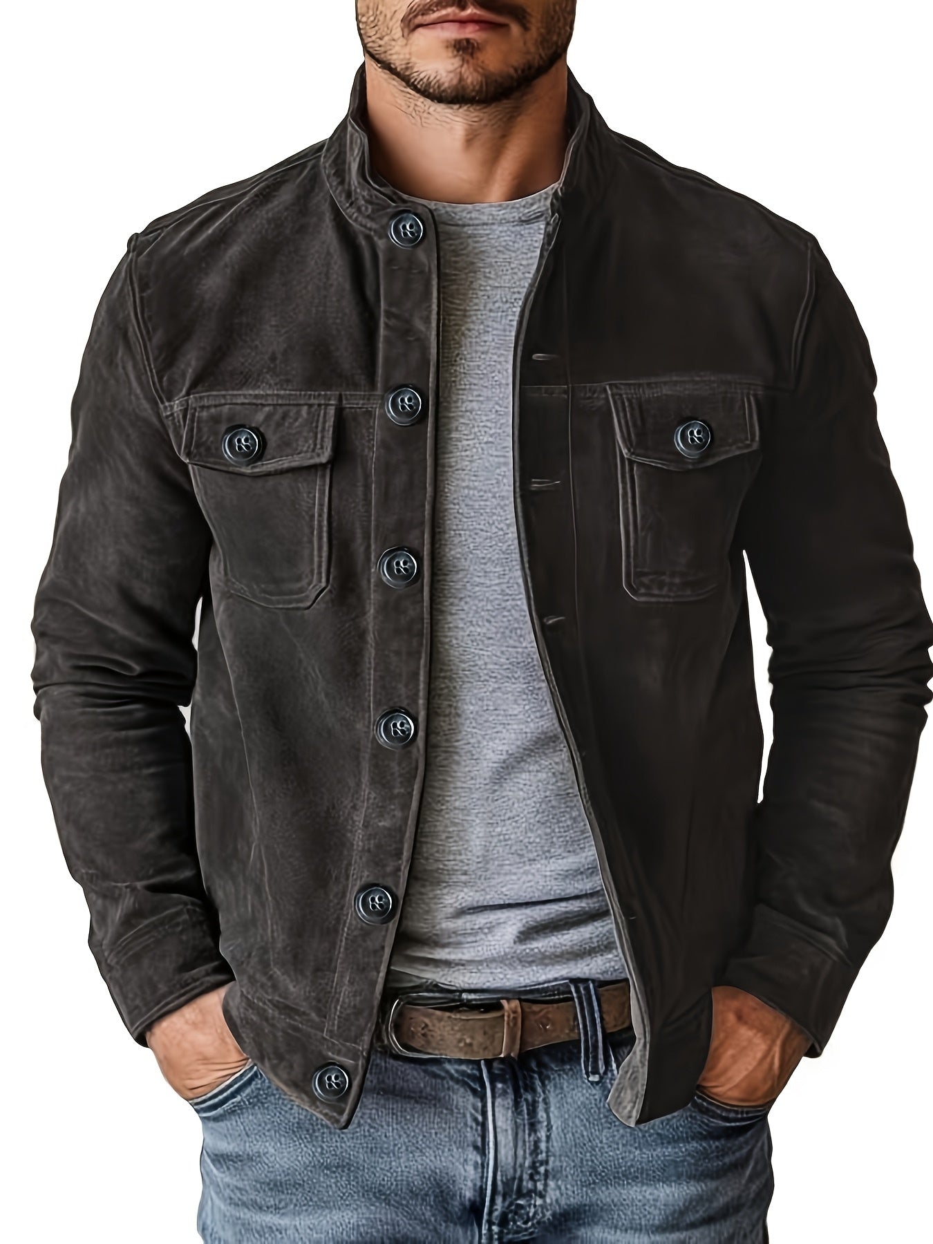 Stand with Men's Casual Jacket with Buttons and Up Collar for Vintage Work Jacket