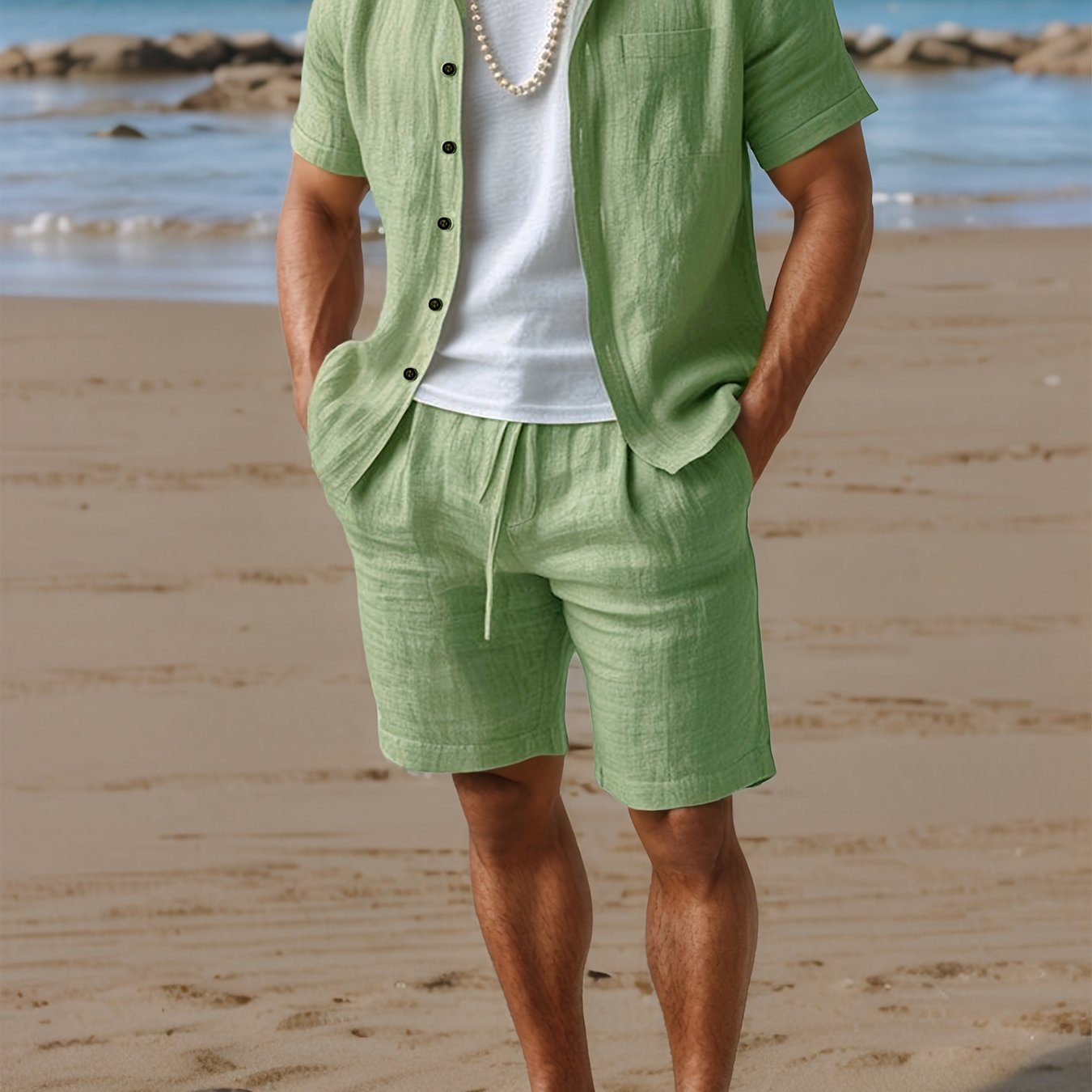 Set with Linen Summer Design for Men with Short Sleeve Shirt and Comfortable Shorts