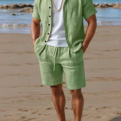 Set with Linen Summer Design for Men with Short Sleeve Shirt and Comfortable Shorts