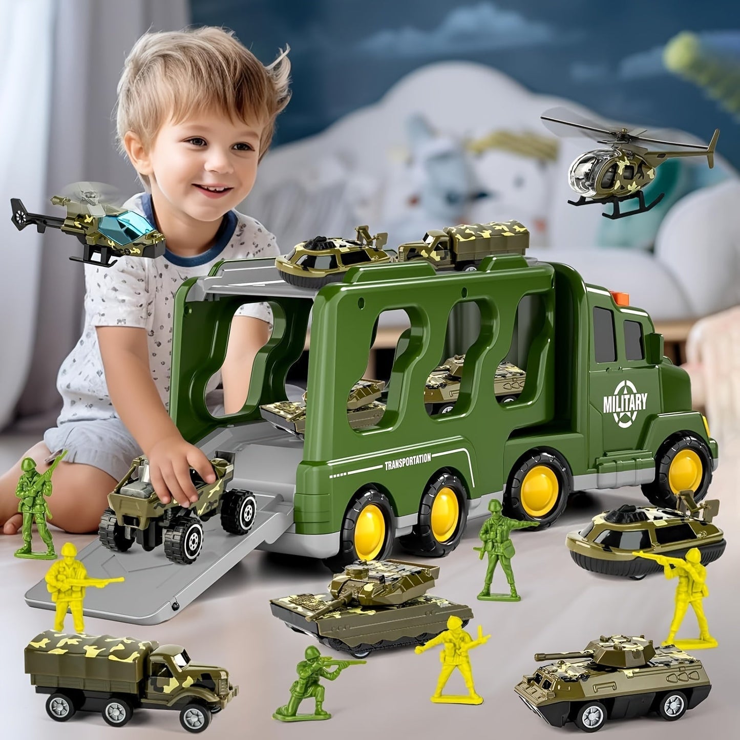 Toy with Armyforce 14-in-1 Military Set for Truck with Tanks, Soldiers, and Sound Effects