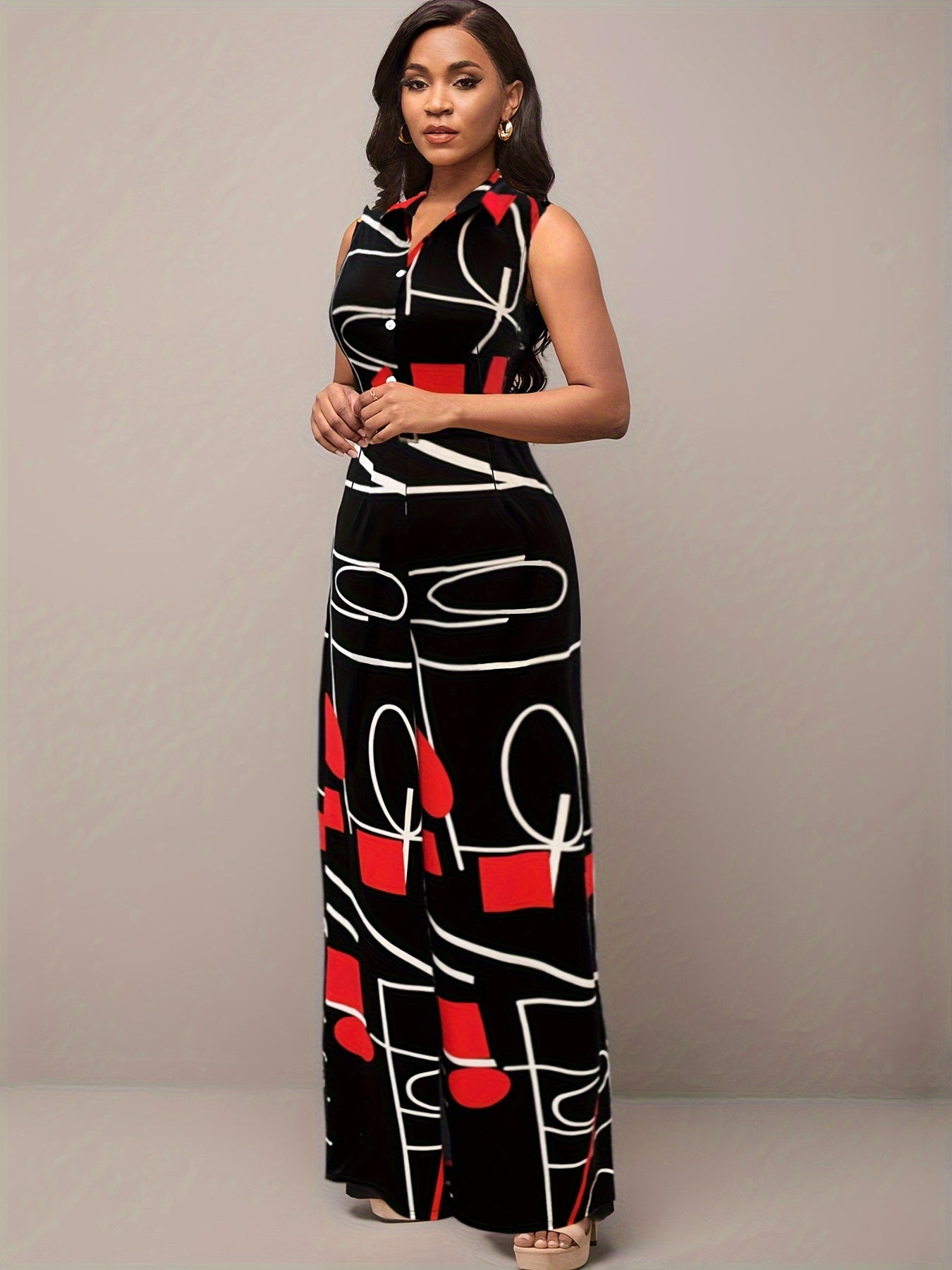 Elegant Geometric Printed Jumpsuit for Wide Legs and Belt for Parties and Casual Wear