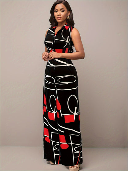 Elegant Geometric Printed Jumpsuit for Wide Legs and Belt for Parties and Casual Wear