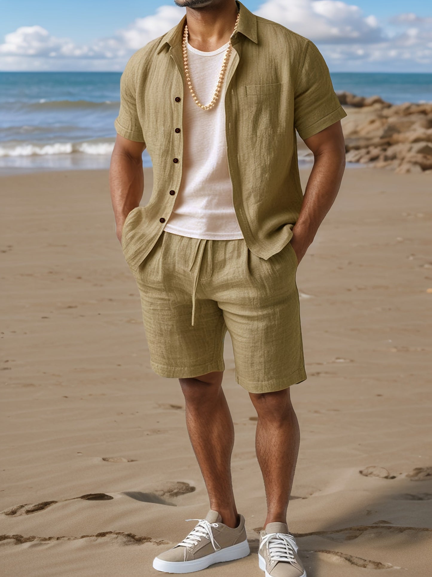 Set with Linen Summer Design for Men with Short Sleeve Shirt and Comfortable Shorts