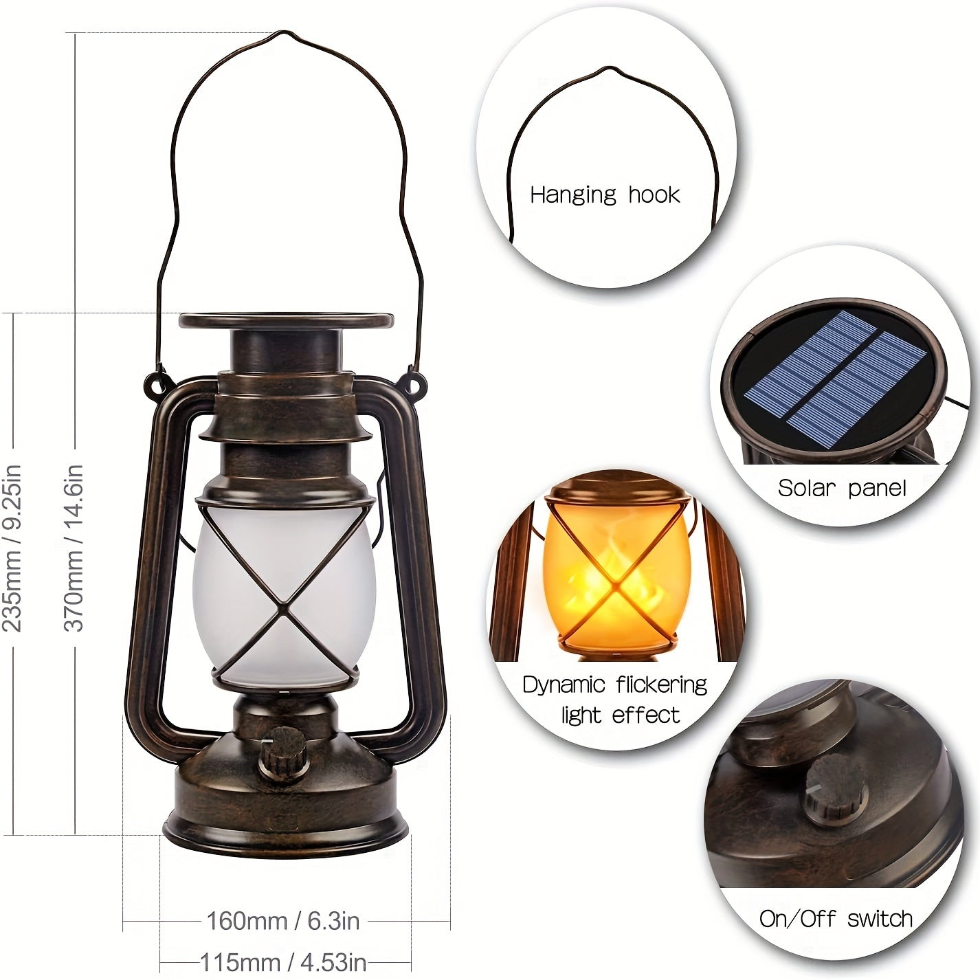 Solar Lanterns Set of 2 for Vintage Dancing Flame LED Lights for Garden and Patio