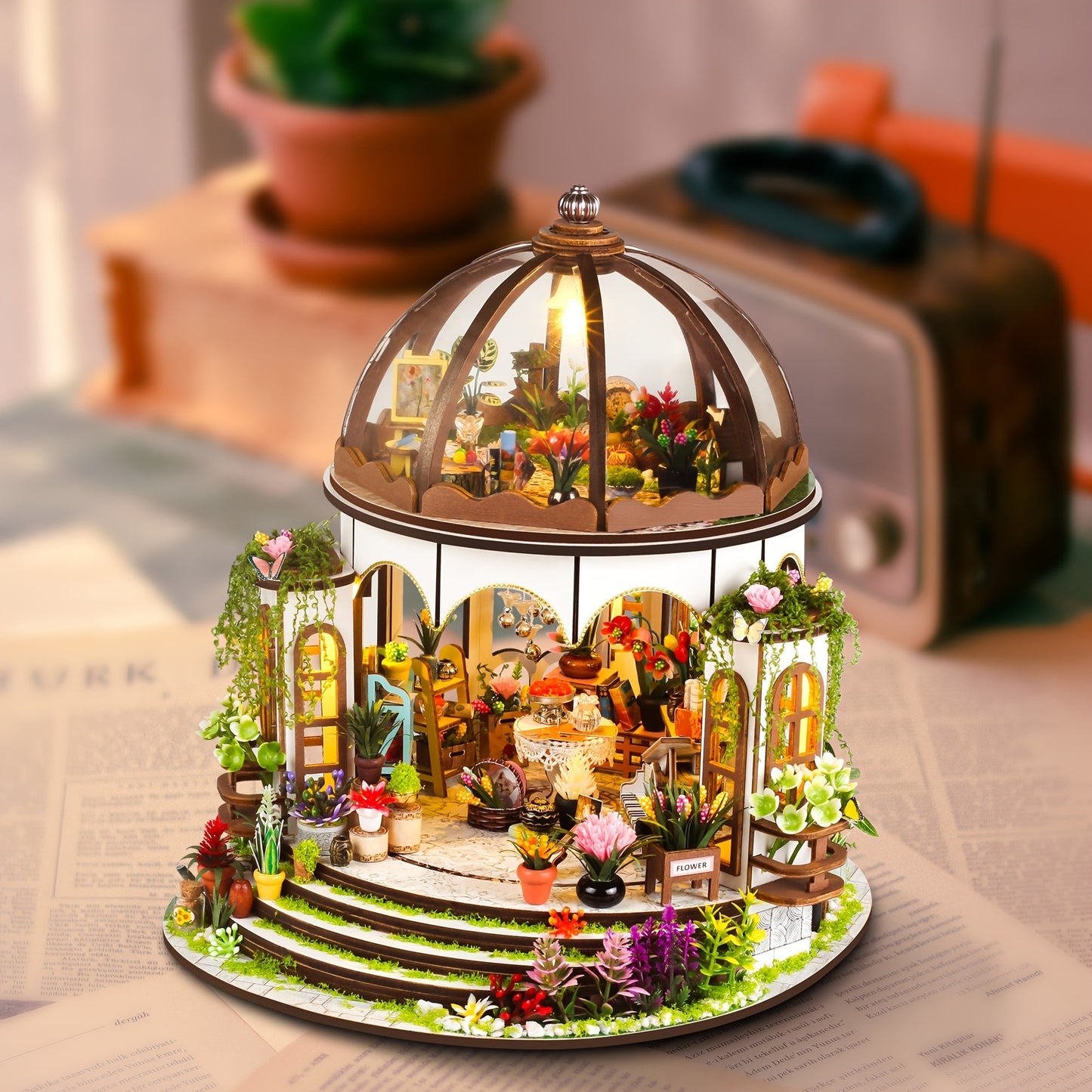 Miniature Flower House for 3D Wooden Puzzle with LED Lighting and Detailed Garden
