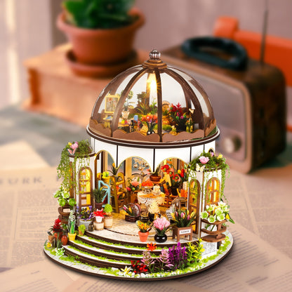 Miniature Flower House for 3D Wooden Puzzle with LED Lighting and Detailed Garden