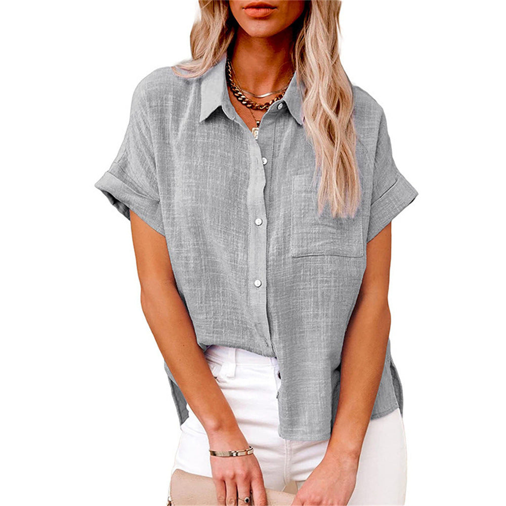 Summer Shirt Linen Blouse for Women with Button Closure and Short Sleeves