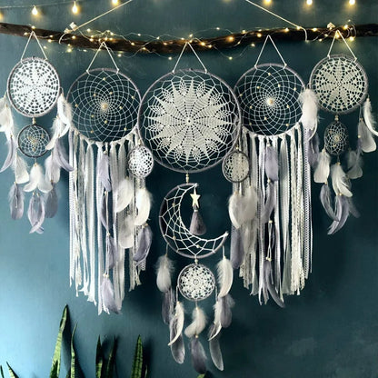 Bohemian Dreamcatcher Wall Decor with Moon Motif and Feathers for Atmospheric Interior Styling