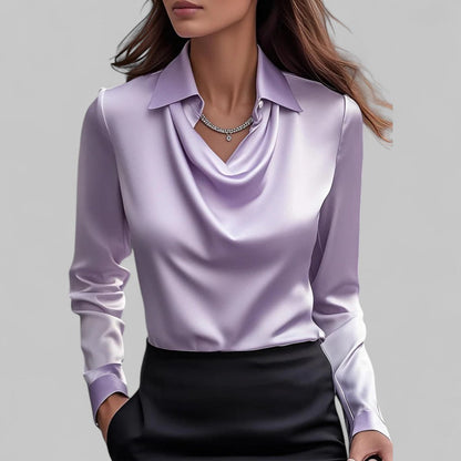 Ladies Satin Blouse with Waterfall Neckline and Long Sleeves