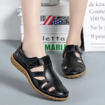 Leather Sandals for Women with Velcro and Comfort Sole