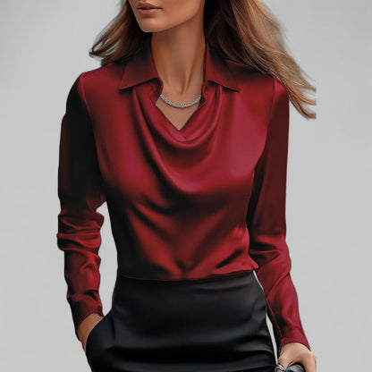 Ladies Satin Blouse with Waterfall Neckline and Long Sleeves