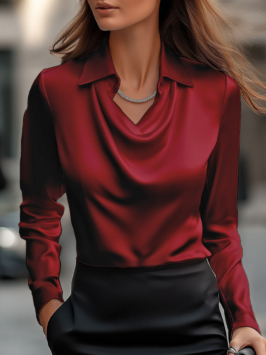 Satin Ladies' Blouse with Draped Neckline for Elegant and Refined