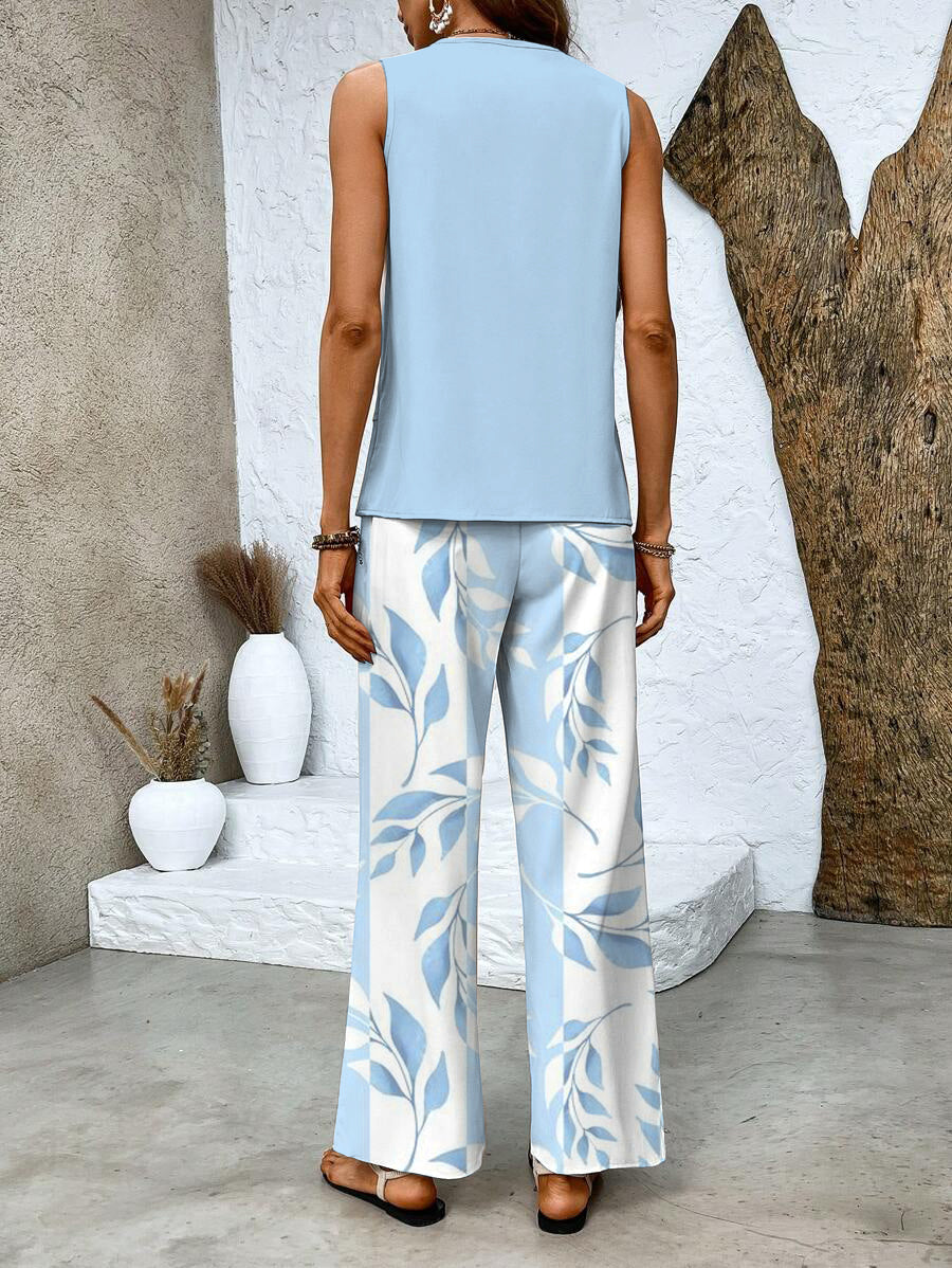 Set with Ladies' Summer Sleeveless Top and Wide Trousers with Leaf Pattern