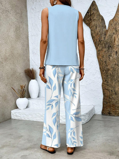 Set with Ladies' Summer Sleeveless Top and Wide Trousers with Leaf Pattern