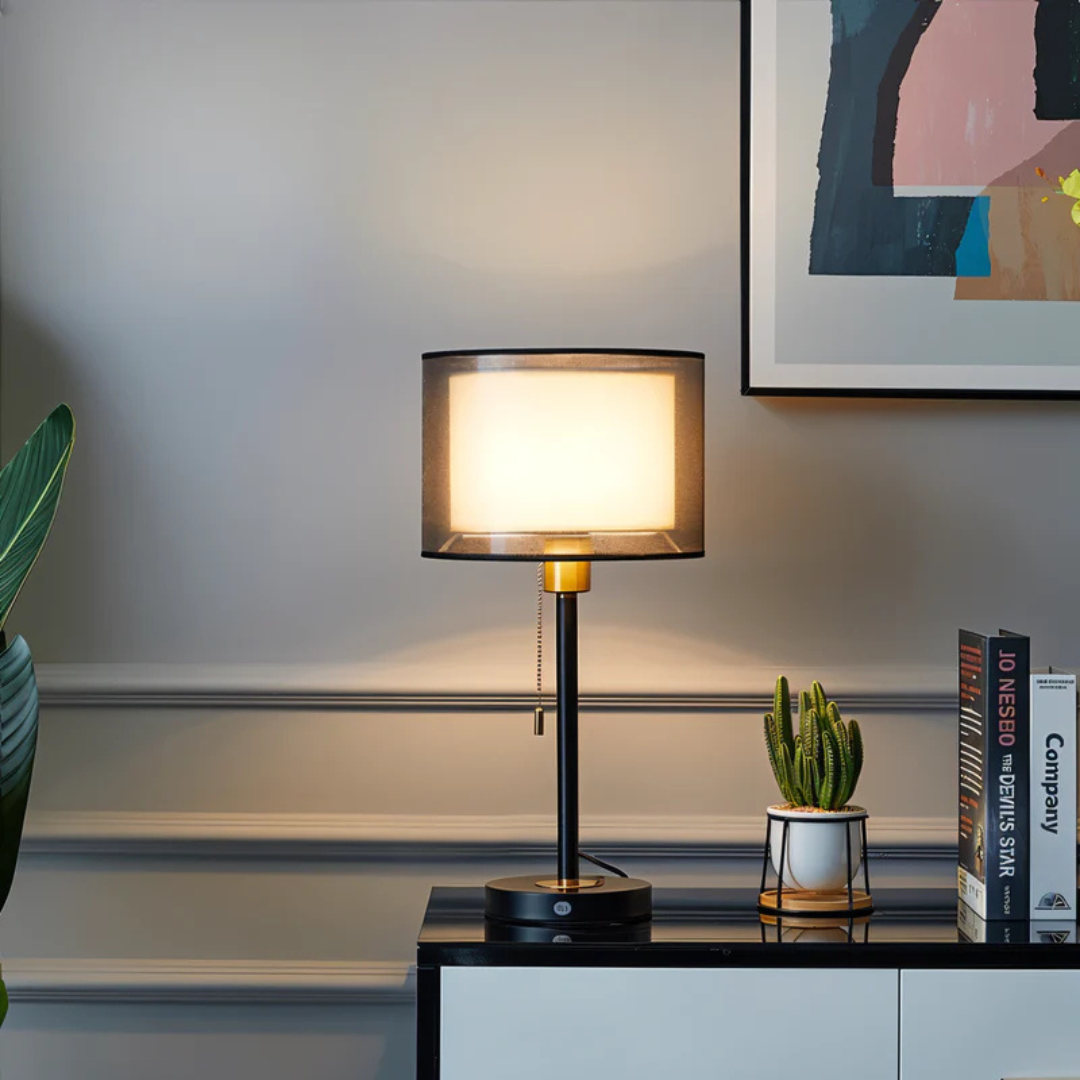 Table Lamp with Vintage Double Fabric Shade for Warm Ambient Light LED