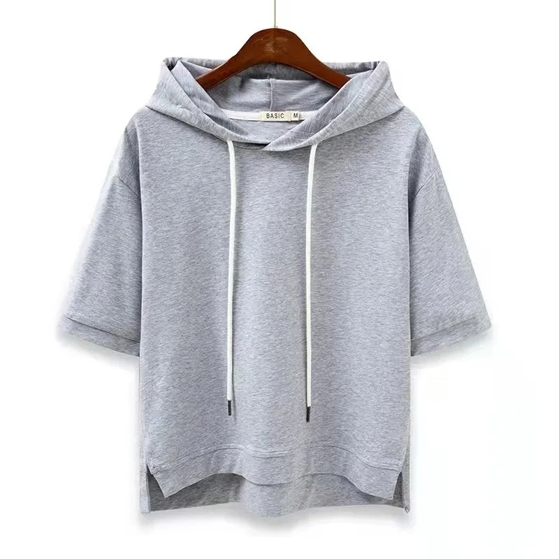 Ladies' Short-Sleeve Hoodie Made from Breathable Cotton Blend with a Boxy Fit