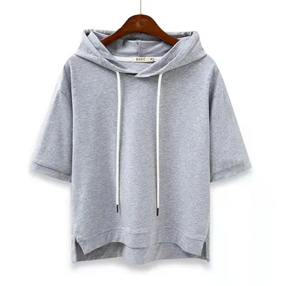Ladies' Short-Sleeve Hoodie Made from Breathable Cotton Blend with a Boxy Fit