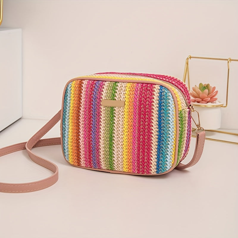 Bag with Shoulder Women Striped Woven Design with Zip Closure