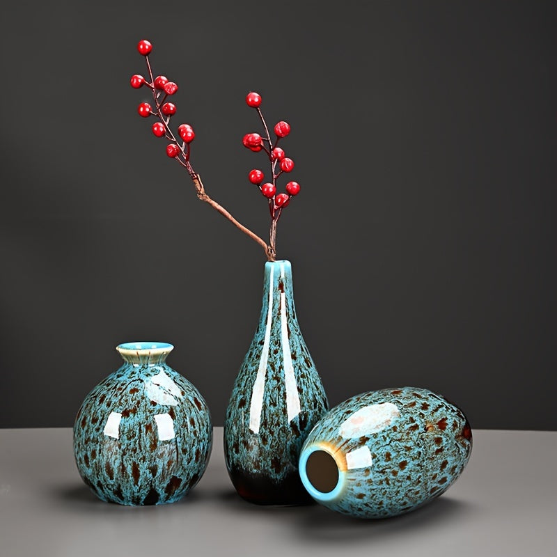 Vases with Set of Three Ceramic Mini Blue Glazed Texture