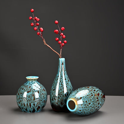 Vases with Set of Three Ceramic Mini Blue Glazed Texture