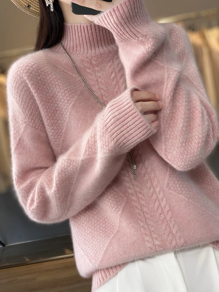 Cashmere Roll Neck Jumper for Women with Cable Knit Pattern and Soft Warmth