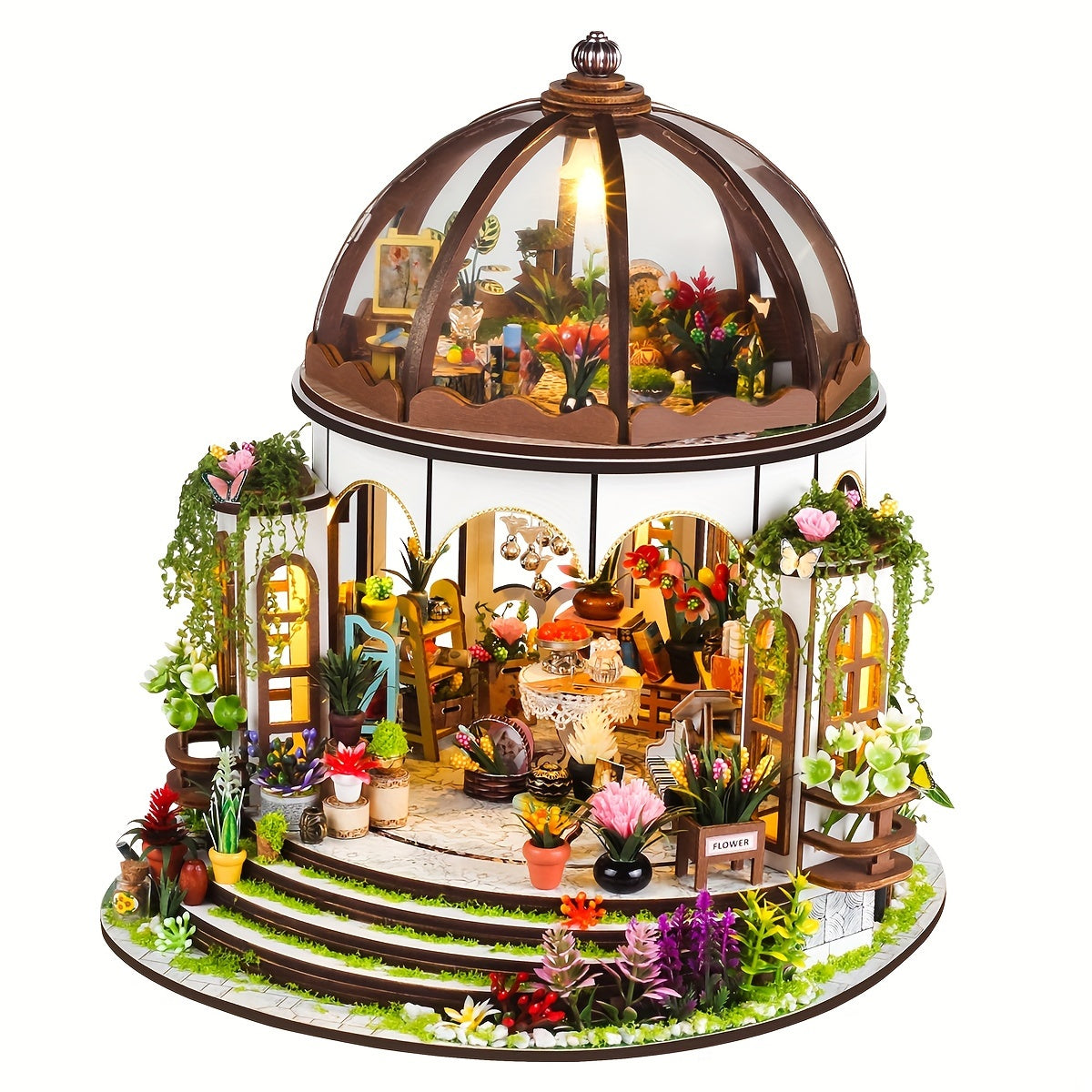 Miniature Flower House for 3D Wooden Puzzle with LED Lighting and Detailed Garden