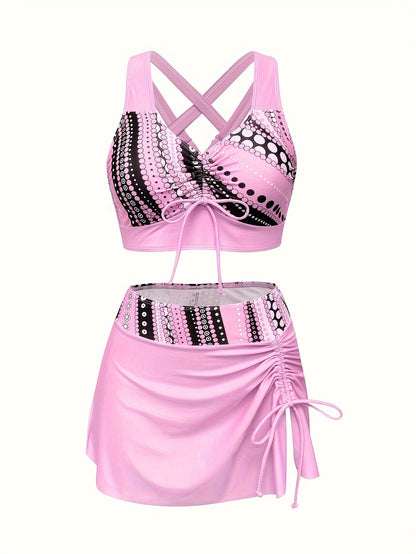 Set Tankini Women Polka Dot Tankini with Skirt Three‑piece