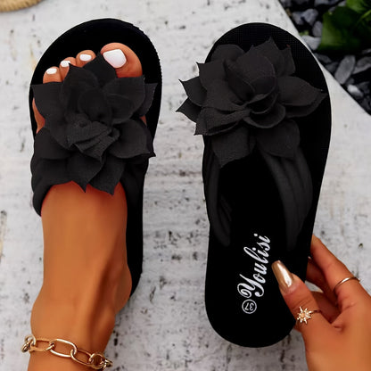 Ladies' Flip Flops with Platform Sole and Flower Detail Wide Fit