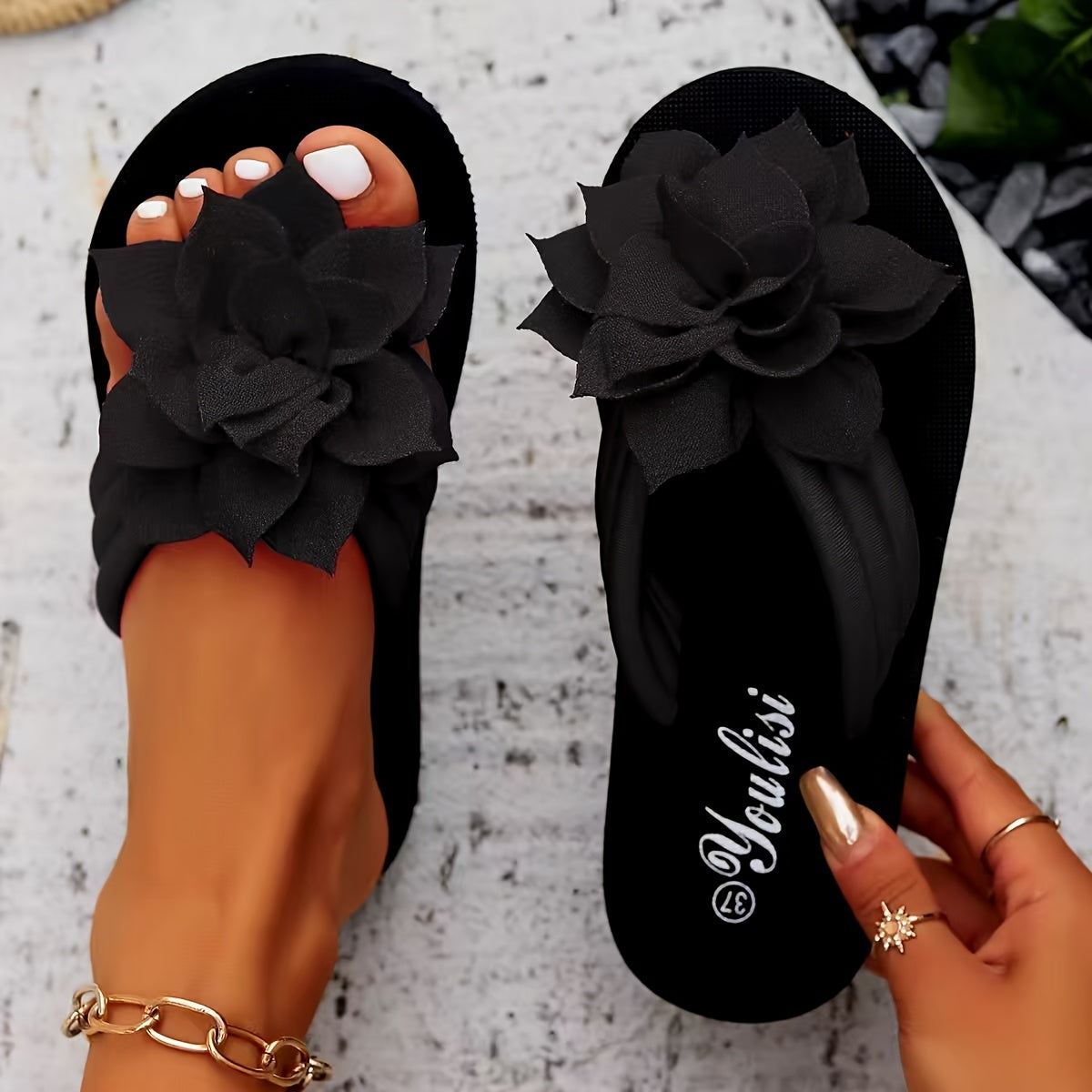 Ladies' Flip Flops with Platform Sole and Flower Detail Wide Fit